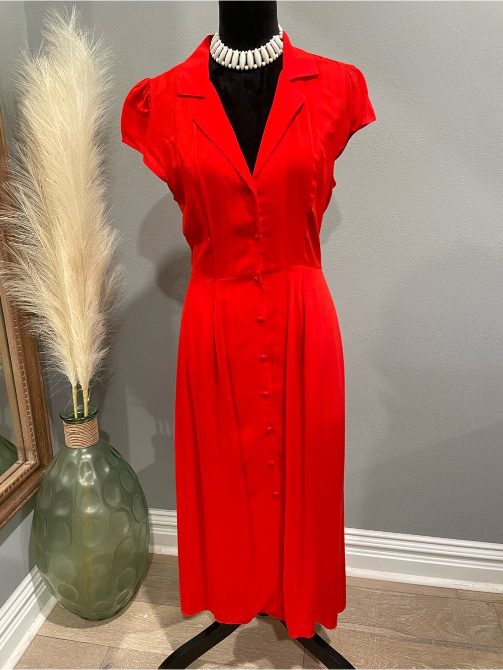 Elegant Vibrant Red Collard Button Silky Flowy Midi Dress (L) NWT